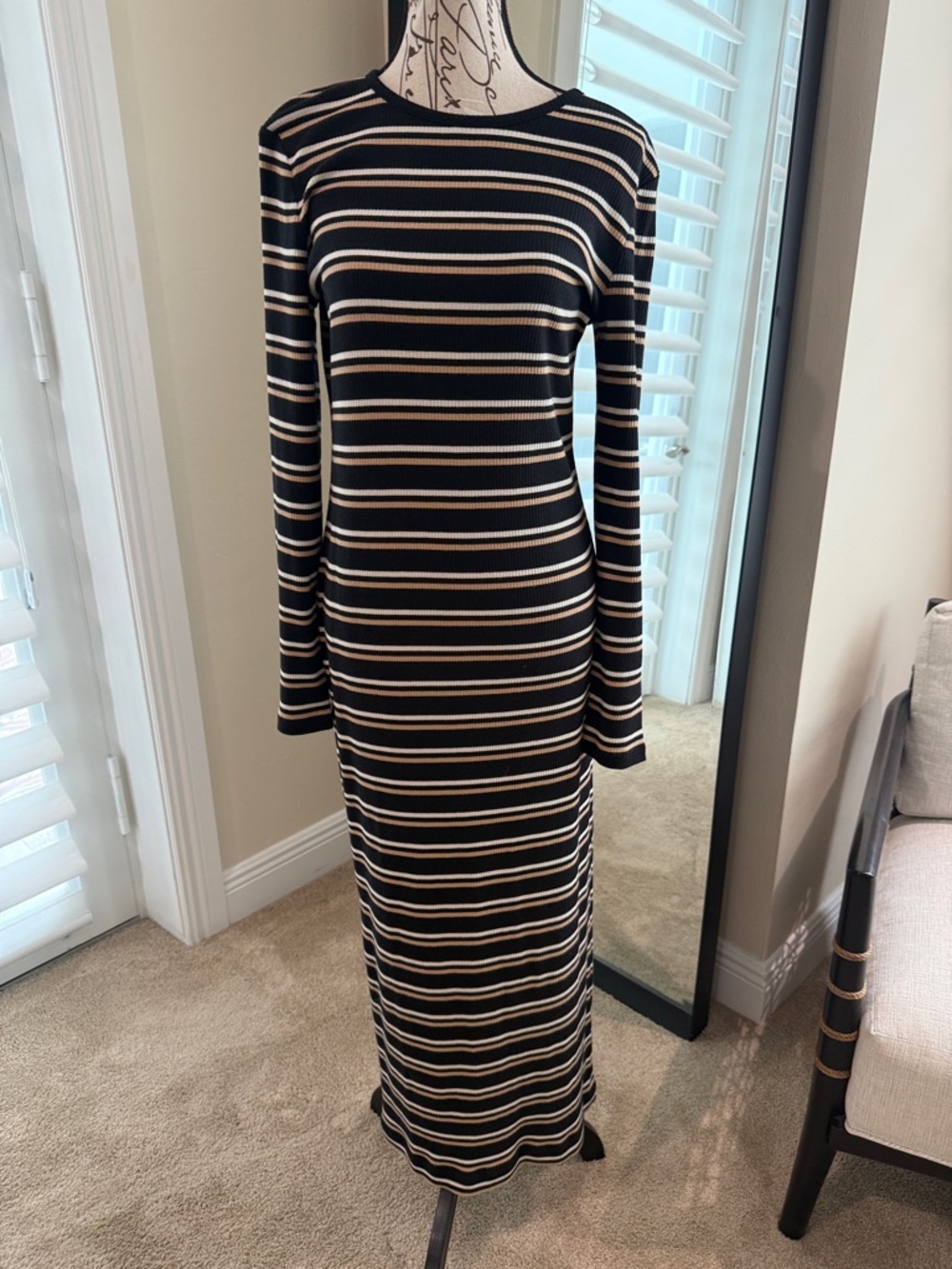 Ann Taylor Black and Cream Striped Long Sleeve Maxi Dress